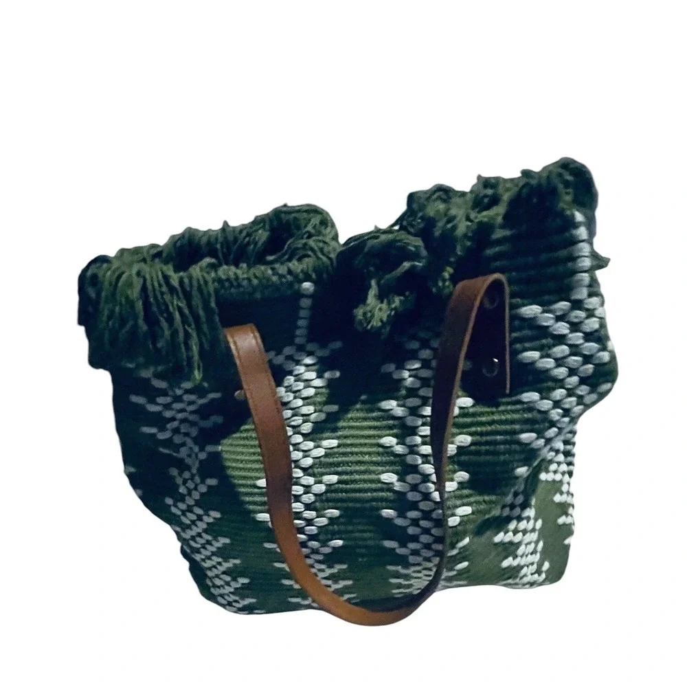 Green‎ White Woven Fringe Tote Bag Boho Knit Shoulder Bag with Leather Straps